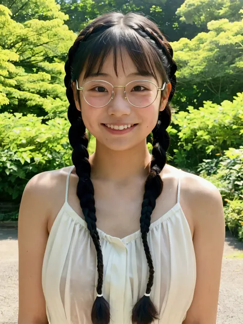 Japanese elementary school girl, , smiling, braids, see-through topless glasses in a park with lots of greenery