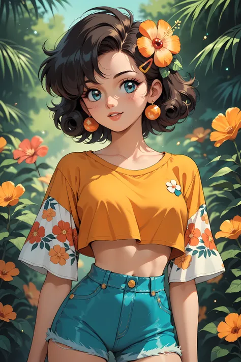 
(((Masterpiece))), a top influencer woman, top quality, super detailed, cute and spunky, retro 60s style, fair skin, short curly black hair with flower clips, orange button up crop top transparent floral print sleeves, brown high waist button up shorts, r...