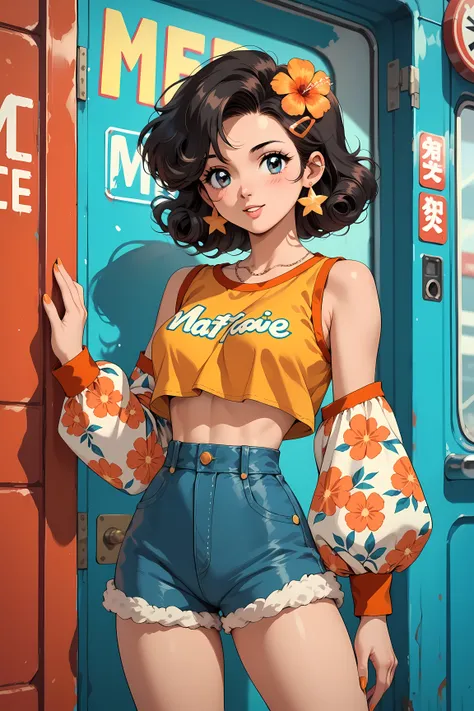 
(((Masterpiece))), a top influencer woman, top quality, super detailed, cute and spunky, retro 60s style, fair skin, short curly black hair with flower clips, orange button up crop top transparent floral print sleeves, brown high waist button up shorts, r...