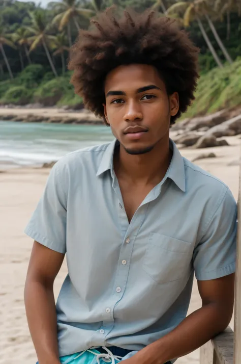 best quality, clear quality, high quality, very detailed face, detailed fingers ,detailed hands, detailed eyes, afro, man, 25 years old, brown-haired, wearing beach shorts and shirt, sexy posing, beach view