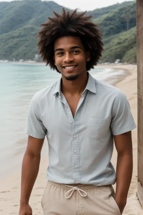 best quality, clear quality, high quality, very detailed face, detailed fingers ,detailed hands, detailed eyes, afro, man, 25 years old, brown-haired, wearing beach shorts and shirt, sexy posing, beach view, smile