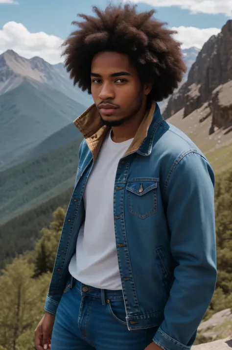 best quality, clear quality, high quality, very detailed face, detailed fingers ,detailed hands, detailed eyes, afro, man, 25 years old, brown-haired, wearing jeans and jacket, sexy posing, mountain view, view from the side