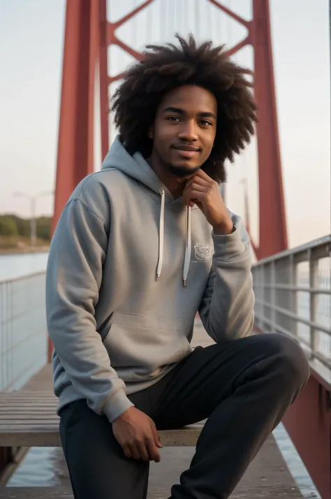 best quality, clear quality, high quality, very detailed face, detailed fingers ,detailed hands, detailed eyes, afro, man, 25 years old, brown-haired, wearing hoodie and pants, sitting on the bridge, smirk, long distance view