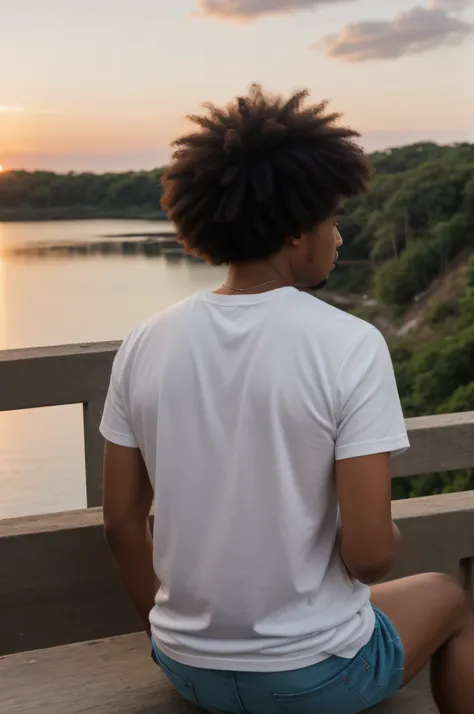 best quality, clear quality, high quality, very detailed face, detailed fingers ,detailed hands, detailed eyes, afro, man, 25 years old, brown-haired, wearing t-shirt and shorts, sitting on the bridge, looking at the sunset, view from the back