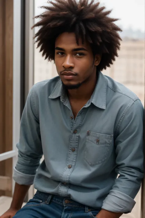 best quality, clear quality, high quality, very detailed face, detailed fingers, detailed hands, detailed eyes, afro, man, 25 years old, brown-haired, wearing pants, sexy posing, long distance view