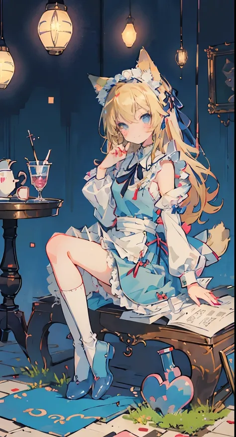 (( table top in front of you,  top quality: 1.1), (( Anime Girl in a Blue Dress with a Magic Wand)), Anime  cat girl in maid outfit, On top of that, ((Blonde))、 long hair、Very Beautiful Anime  cat girl, Anime cat girl, ((white knee-high socks)), 魅力的な cat g...