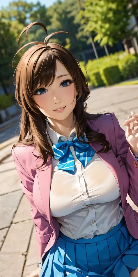 1 Female,High definition,high resolution,Ultra-realistic,8K, aamazaki, (antenna hair:1.2), blue eyes,blue bowtie, pink jacket, blazer, long sleeves, blue skirt, tight skirt, miniskirt,pleated skirt, large breasts,European,sexy,Upper body close-up,Photograp...