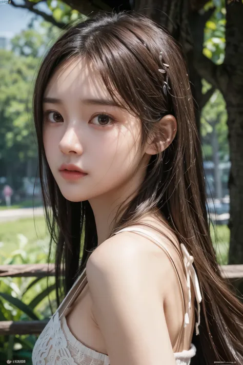 Photorealistic, masutepiece, Best Quality, Raw photo, 1girl in, Solo, Long hair, Brown hair, Detailed face, alluring face, , medium breasts, Dynamic Pose, Looking at Viewer, From below, Detailed background, fine detailed, intricate detailes, Ray tracing, ...