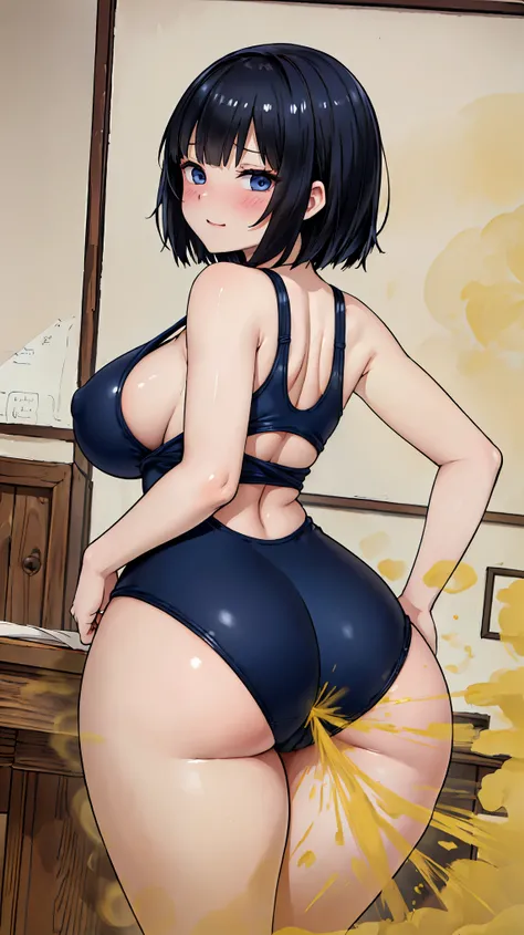  portrait,  Official Art , A masterpiece,  top quality, 8k,  best details,  black hair、Full hair 、 short bob hair , ((shiny navy blue one-piece swimsuit)) , classroom、(Yellow Fart)、Foul-smelling 、 blush your cheeks、 elegant face、happy、(Big Breasts)、(( big ...