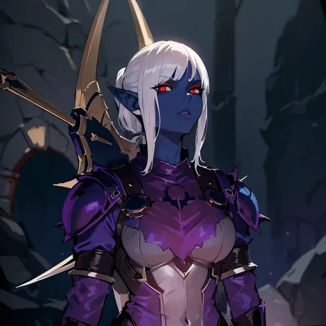 dark elf woman, (white hair, ponytail with bangs hairstyle, red eyes, pointy ears), (navy blue skin:1.4), (wearing purple leather armor), voluptuous figure, holding bow, stern expression, (in fantasy underground cave)