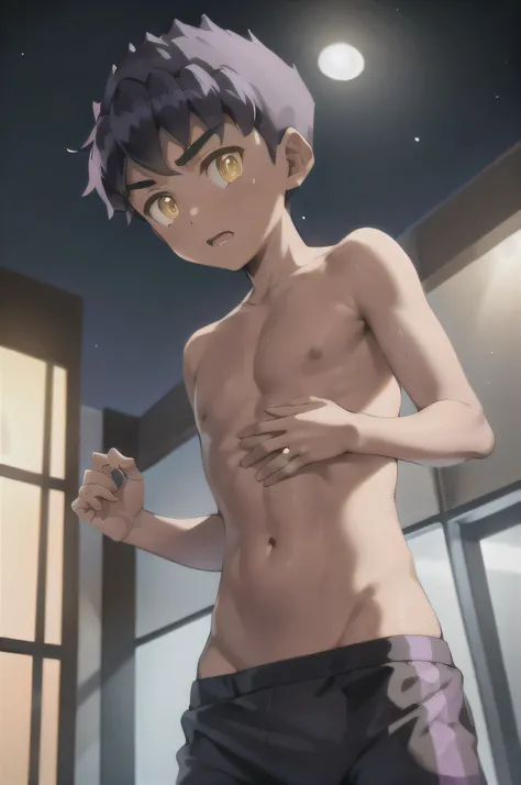 masterpiece,  top quality,   1 boy at night, Purple Hair,    short hair,  yellow eyes,  dark skin tone ,  men who place their hands on their lower body wear swimsuits, , Alone,  shirtless in the lobby,Place your hands on your lower body、 shyly 