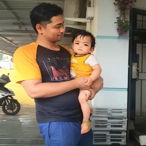 there is a man holding a baby in his arms, with a , 4 0 years old man, , ismail, john jude palencar, ayan nag, he is 3 , 2 , daddy, reyyan, picture, father with , potrait, 2 , ramil sunga