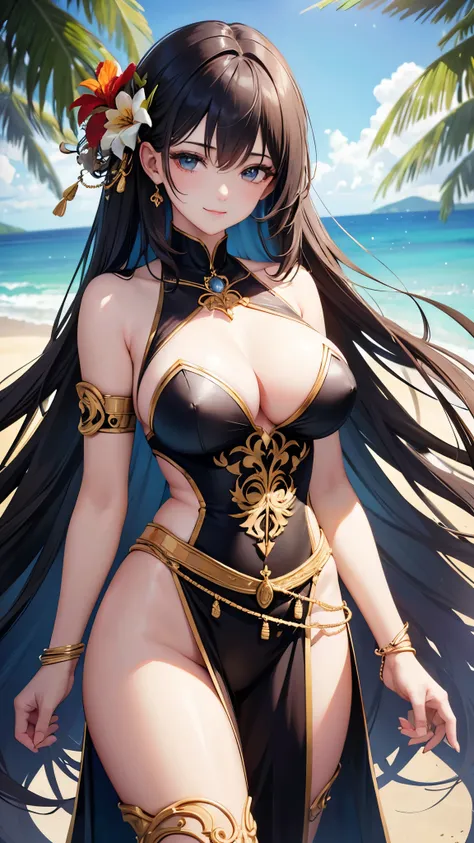 (( top quality)),( super high resolution ),( super detailed),( detailed description ),(( best CG )),( Best Artwork ), Ultra Precision Art, AMAZING PAINTING ART ,(Exquisite art:1.5), Adult female,  cross halter, Side boob, tropical, smile,