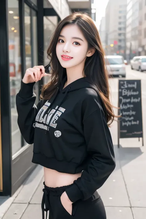 A beautifull young girl dance in Black hoodie with matching sweatpants, fit figure, long hair, gave a little smile, pretty face, masterpice etc.