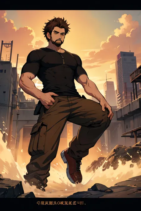 ultra detail, high detailed digital anime art, fine details. anime,8k, masterpiece, hi-resolution, best quality, hi-res, Top Quality, High Quality, High Resolution, man, tall, athletic, brown hair, brown eyes, goatee, black t-shirt, cargo pants