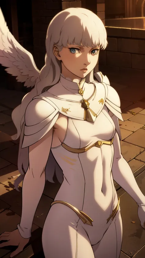 Griffit womens version , beautiful, perfecta,  her face is delicate like an angel ,  has her white armor , You can see her small breasts 