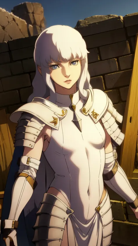Griffit womens version , beautiful, perfecta,  her face is delicate like an angel ,  has its medieval white armor , You can see her small breasts. Falcon armor . 