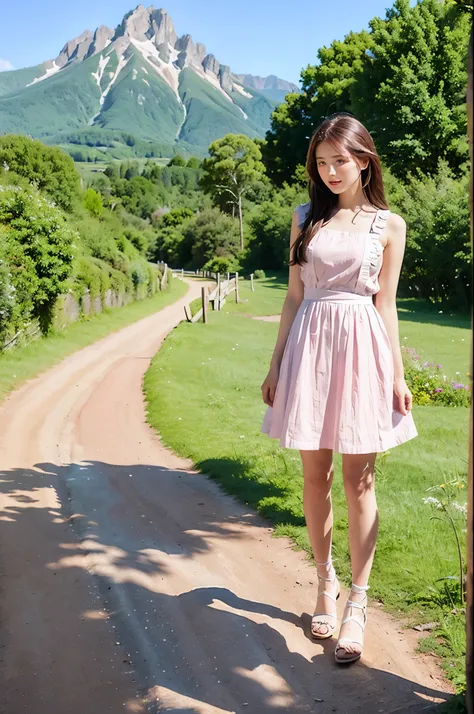 Pannier Skirt, white and pink mini-dress, apron,Fantasy Village,outdoors,Broken stone towers,dirt paths,mountains,forests,meadows,simple fences,blue sky,