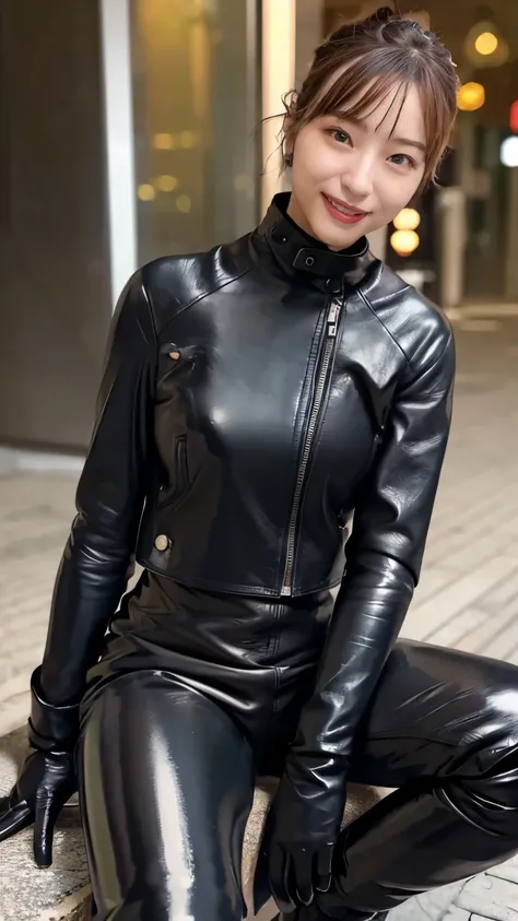 ( glossy black leather riders jacket:1.2), Office in the Dark, Black leather gloved fingertips on both hands,Wearing black leather gloves,Sitting in a black leather chair、 Japanese female new recruits (Black leather gloves cover both hands:1.4) (The angle ...