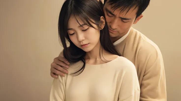 ( Max Image),(photorealistic),( Details),(((In a simple room))),(Plain wall in light beige),((Japanese woman crying on a mans shoulder)), long hair, black hair, beautiful, slender ,(( Japanese man)),((( beardless men))),Late fall clothes