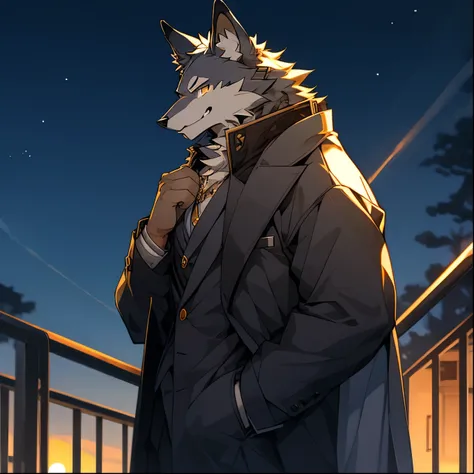 anthro wolf,furry,a boy,solo,mature,open coat,dusk,smile,gray fur,golden eyes,view from the side,put hand on chest