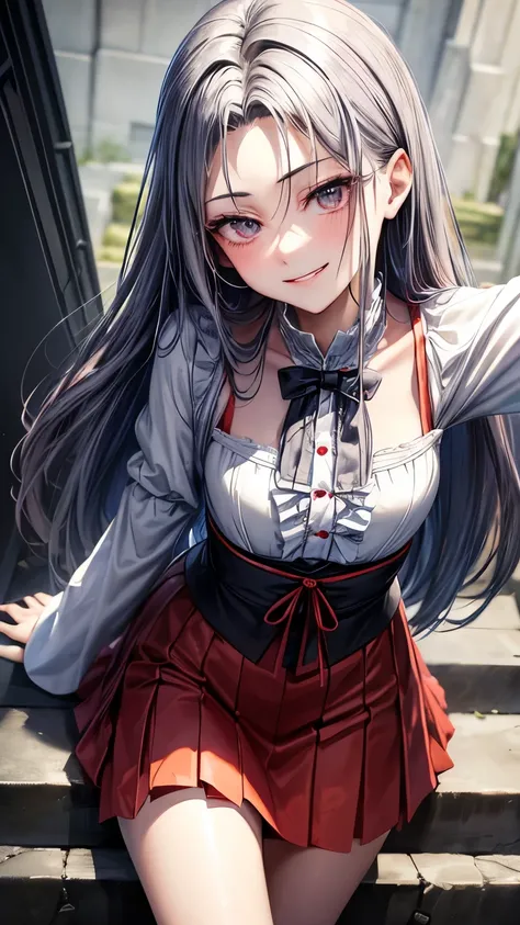 A 22 years old downer Japanese lady(( small bust))(( slender body )),((showing metallic sign )), grayish red a bit messy hair(( voluminous hair intake))((much longer forelock)), blue highlights hair, bluish purple dirndl , ((climbing the ivory stairs, faci...