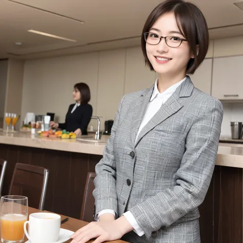 336 (20-year-old female, short hair), ( high image quality), (smile), (Glasses), (( colorful business suit)), (in cafeteria )