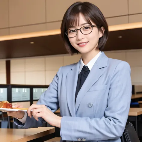 336 (20-year-old female, short hair), ( high image quality), (smile), (Glasses), (( colorful business suit)), (in cafeteria )