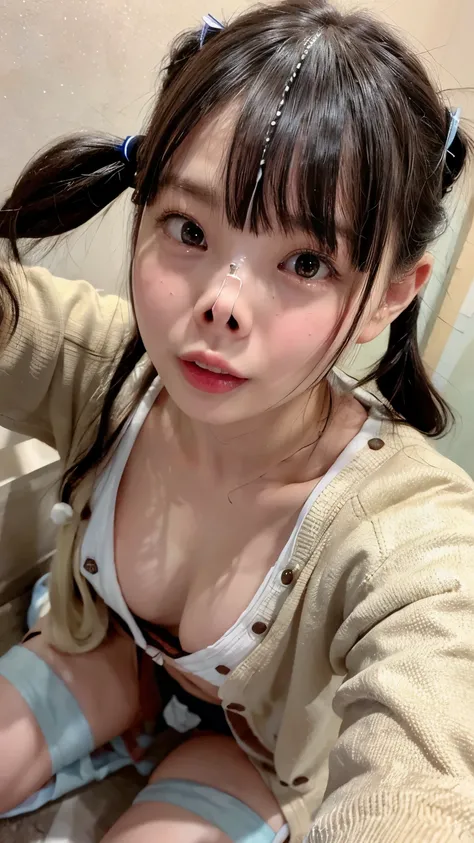  beautiful Japanese actress 、 1 girl,Flying debris,,Award-winning works,  focus on face ,  big double eyes( woman with her mouth open and eyes closed ), 18 years old、 black hair、 Twin Tails ,shiny skin、((( face close-up )))、Realistic nostrils、 Long and nar...