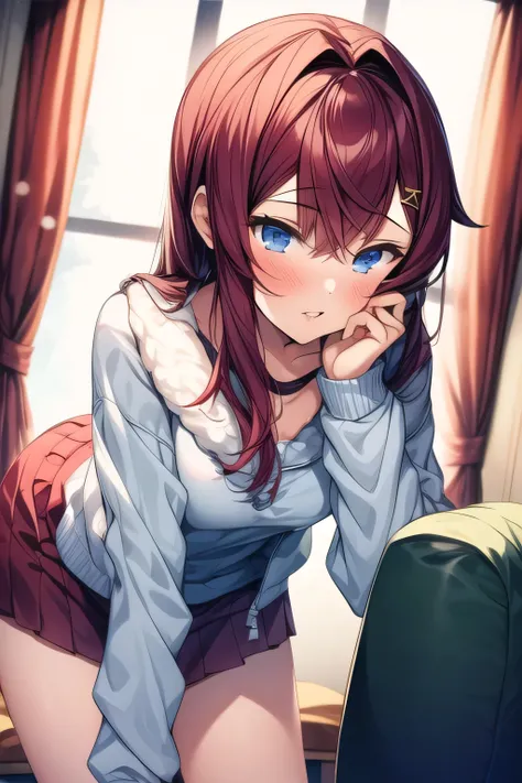 masterpiece, 1 girl, 18 years old, Alone ,Kissing Face , miniskirt, Winter clothes, Loungewear, Fluffy,   lean forward 