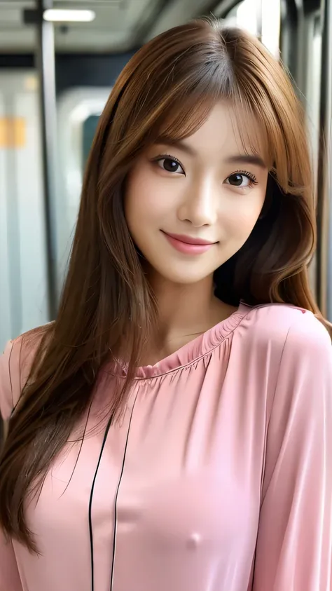  Pink Blouse 、 long hair on background、front