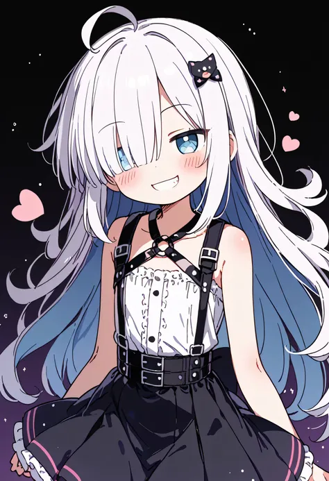 ((Girl with protruding ribs:1.4)、(flat chest:1.3),(skinny body:1.3)、Blushing、To blush、Thick eyes、((痩せている:1.3))、white hair, long hair, hair over one eye、messy hair, black miniskirt, (Harness:1.3) , (Angles:1.4), Feathers 、(ウサギの耳:1.3), pastel colors clothes,...