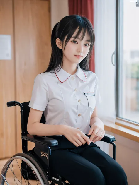 (Close-up face shot of one slender small breasts two side up black medium hair with bangs girl in a white nurse long pants uniform :1.5)、(One girl  rolls the wheelchair in the hospital in Japan with small smile:1.5)、(blurred background:1.5)、(Natural light:...