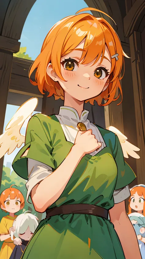 １ girls、 smaller breasts、 Angelic Face 、 orange hair、 short bob hairstyle、green round eyes 、cute、 yellow peasant tunic、middle ages、middle agesの街の背景、 upper body closeup without left arm、smile、 mouth、 sharp outline 