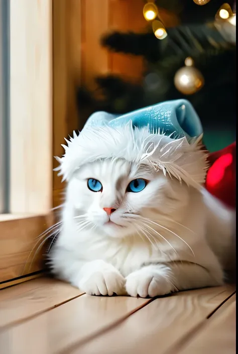 a realistic photo of a white cat lie under a Christmas tree inside a wooden house, light blue eyed cat, cat wear a Christmas hat, Christmas theme, cozy atmosphere, warm lighting, bokeh, diffused light, cinematic, soft focus, depth of field, intricate detai...