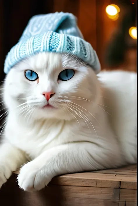 a realistic photo of a white cat lie under a Christmas tree inside a wooden house, light blue eyed cat, cat wear a Christmas hat, Christmas theme, cozy atmosphere, warm lighting, bokeh, diffused light, cinematic, soft focus, depth of field, intricate detai...