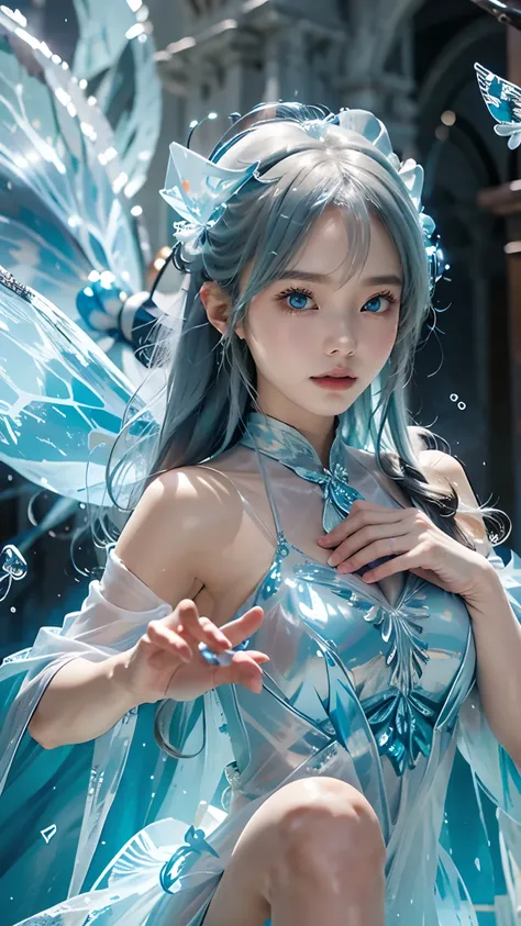 iceの女神,Frozen liquid,iceの世界,ice, 1 girl,Translucent clothing,air bubble,Blue Butterfly, blue eyes,Blue Nail,chest,positive, the character on the right , upper body, Knee, dynamic pose,bubble,Blue Butterfly Wings, Butterfly Wings, crystals, dress,Glowi...