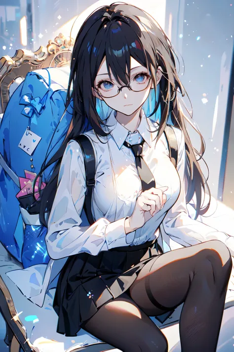  Anime Female,  Long Brown Hair ,  Long Sleeved White Shirt , tie,  tights , skirt, Backpack,  Round glasses, Serious empty eyes ,  sitting in a chair

 Long hair ， Kirito   ， Big Breasts (d), Chest, Black Hair, 