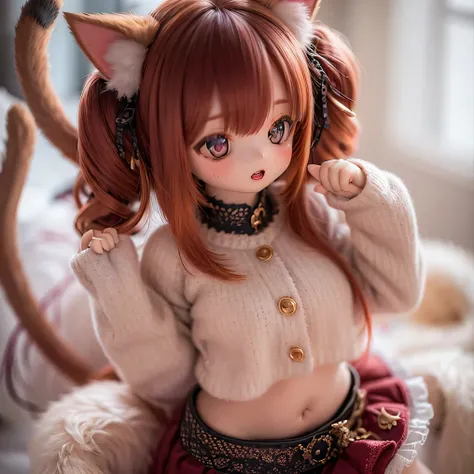  ragdoll cat ears and tail, chubby and cute,  beautiful girl holding up her skirt to show her underwear ,  Photorealistic, 4K,  very detailed with crimson hair, masterpiece, cute, Adorable,   beautiful eyes ,  beautiful lips,  beautiful face,  long eyelash...