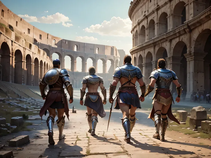 a group of 3 epic male gladiators walking towards an ancient colosseum arena, wearing shiny armor, holding powerful weapons, looking like mighty and fearless heroes