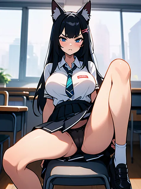 (nsfw+),masterpiece, best quality, 1girl, black hair, large breasts, school uniform, jk, dog ears, sitting, (disdain:1.4), spread legs, skirt lift, show panties, in classroom,(illustration),