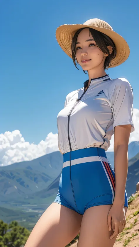  (girl, ,  Same Height  :1.2) ,masterpiece，Mountain Biking，Cycling enthusiasts，beautiful girl，Professional clothing， blue sky and white clouds，8k,  Japanese girl ,  (Smile:0.7), Smile,   extremely short hair  , Camel toe, ( high color saturation :1.0),  ( ...