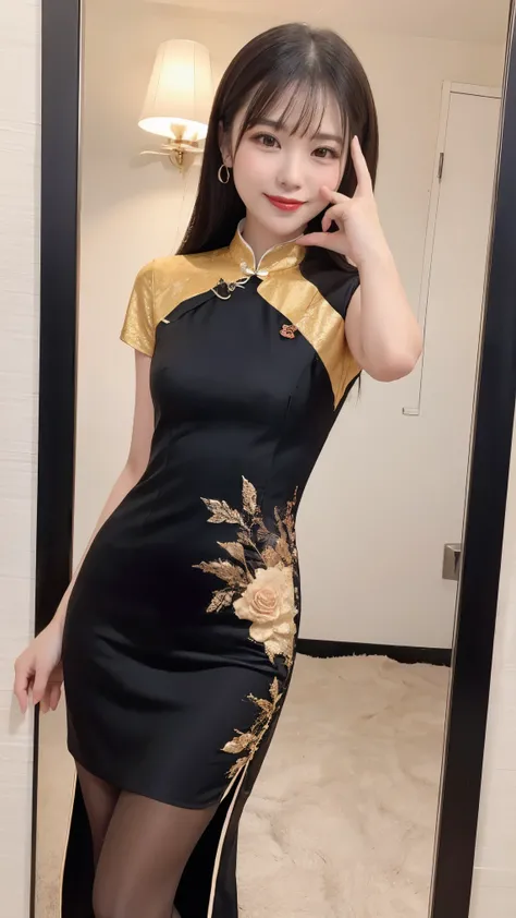  photorealistic,  Chinese woman wearing Hanfu 、 Celebrity News Scaster 、(( Wear China Dress and Pantyhose)),  Classy China Dress 、 Sophisticated China Dress ,  long dress  , ハイスリット long dress ,  gold earrings,  red lips,  Long Silky Black Hair , Perfect Ba...