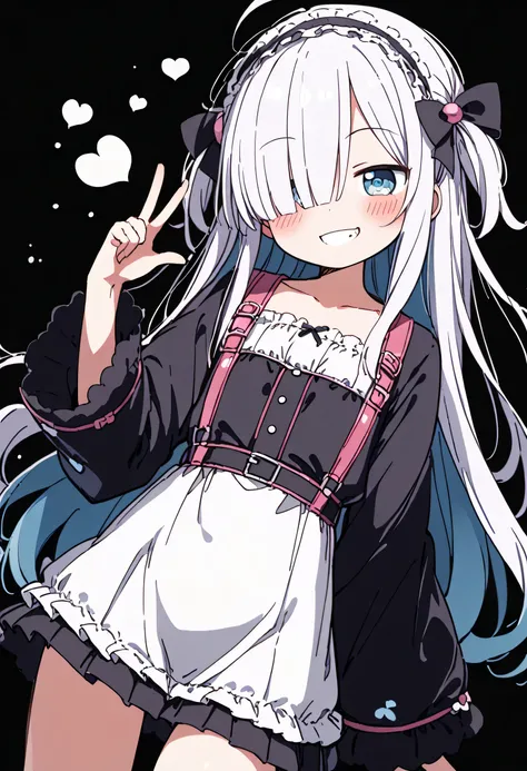 ((Girl with protruding ribs:1.4)、(flat chest:1.3),(skinny body:1.3)、Blushing、To blush、Thick eyes、((痩せている:1.3))、white hair, long hair, hair over one eye、messy hair, black miniskirt, (Harness:1.3) , (Angles:1.4), Feathers 、(ウサギの耳:1.3), pastel colors clothes,...