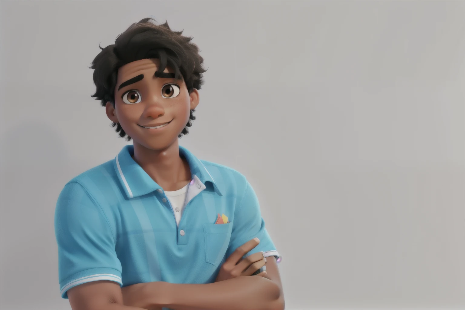 Young man, brown skin, black hair, brown eyes, in Disney Pixar style, best quality