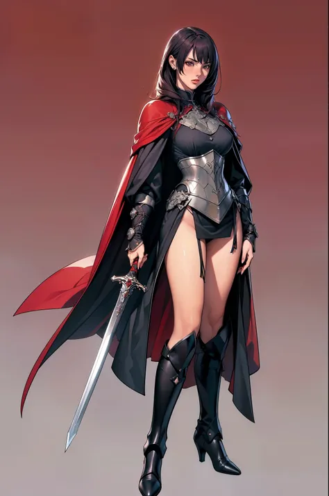 (  Masterpiece ),( top quality),( very detailed with crimson hair),( high definition ),8k, wallpaper, 1 girl, black hair, High Heel Boots , Black Boots ,armor,Warrior,knight, is staring at me, sword,bangs,whole body, black hair,Robe