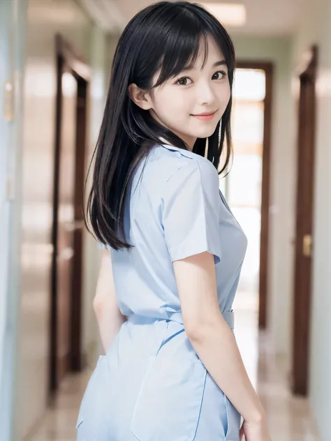 (Close-up face shot of one slender small breasts two side up black medium hair with bangs girl in a white nurse long pants uniform :1.5)、(One nurse is looking back with hold the file book in arms in the hospital glass hallway with small smile:1.5)、(The gla...