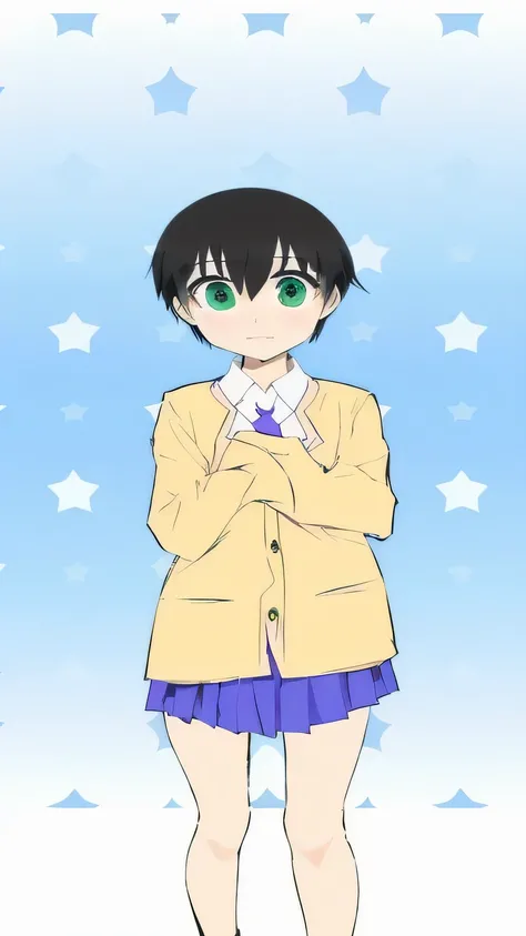 anime girl with green eyes and a yellow jacket and purple shorts,   Anime Moe Art Style ,  anime style,  anime styleに, as an anime character, Paint Tool SAI!! green, Anime Boy,  made in anime painter studio , tall anime guy with green eyes, Puella Magi uni...