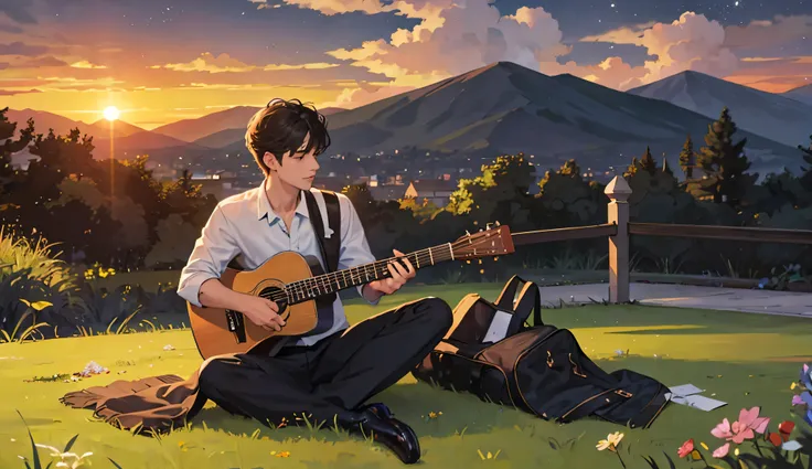 
handsome guitarist playing classical guitar alone, night, HD, sad, sunset, sitting on grass