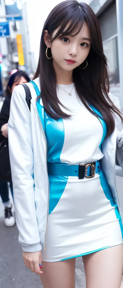  pure idol girl、、Thick legs、、Cool Belt、shiny blue tight mini dress、 White Jacket、、Good style、A pure girl&#39;s face